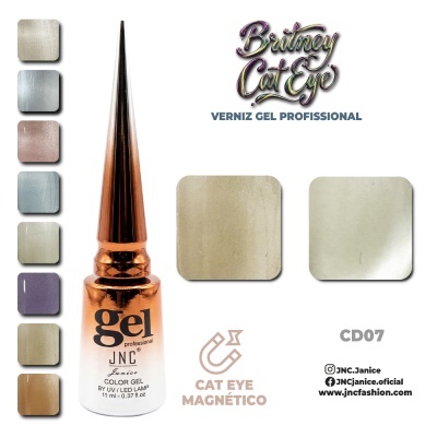 Verniz gel profissional Cat Eye magnético JNC cor CD07 com amostras de cores metálicas variadas.