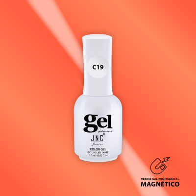 Frasco branco de verniz gel profissional com etiqueta C19 sobre fundo laranja com texto sobre verniz magnético