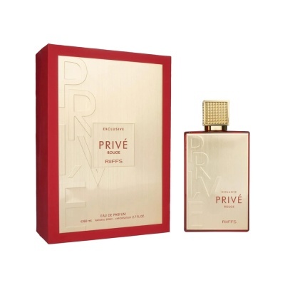 Frasco de perfume dourado e vermelho com caixa da fragrância EXCLUSIVE PRIVÉ ROUGE RiffS