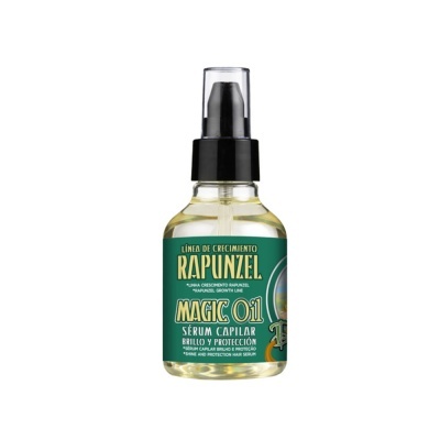 Frasco de óleo capilar Rapunzel Magic Oil com rótulo verde e tampa preta