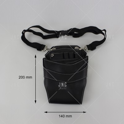 Bolsa de cintura preta com alça elástica e divisões visíveis