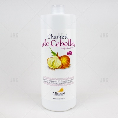 Frasco branco de champô de cebola com rótulo colorido e tampa transparente