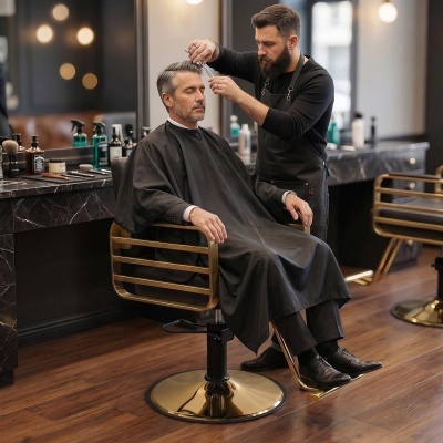 Cadeira de barbeiro dourada estofada a preto numa barbearia moderna.