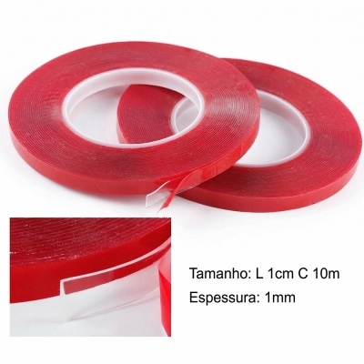 Rolos de fita dupla-face vermelha com texto de medidas ao lado.