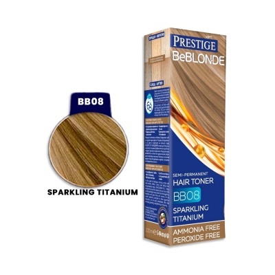 Embalagem de tonalizante capilar BeBLONDE BB08 Sparkling Titanium com amostra de cor
