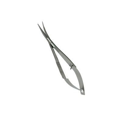 Pinça cirúrgica metálica com ponta curva e cabo texturizado