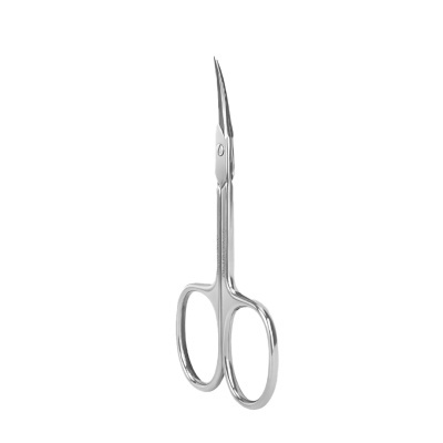 Tesoura pequena em metal prateado com lâminas curvadas e pontas finas