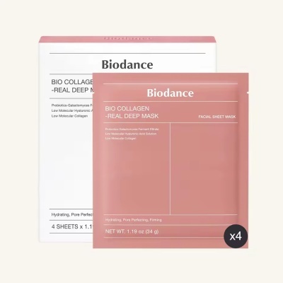 Máscara facial em folha Biodance Bio Collagen Real Deep Mask com embalagem rosa e caixa branca ao fundo