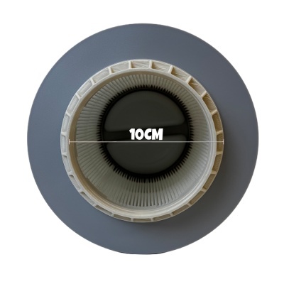 Filtro cilíndrico cinzento e branco com indicação 10CM