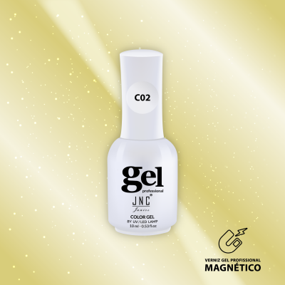 Frasco branco de verniz gel profissional com etiqueta C02 sobre fundo dourado brilhante