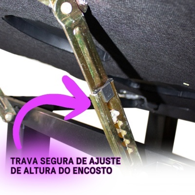 Mecanismo metálico de ajuste de altura do encosto com texto destacado