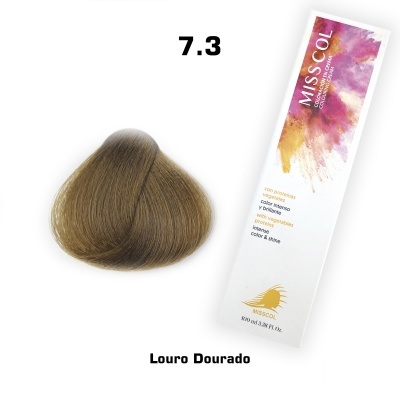 Tonalizante Miss Col nº 7.3 Louro Dourado com amostra de cabelo dourado