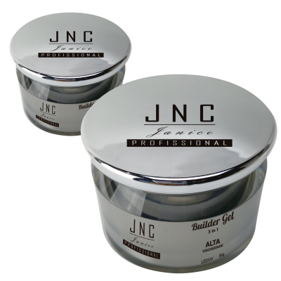 Dois frascos de gel para unhas com tampas prateadas e etiquetas com texto preto