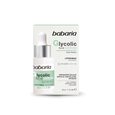 Sérum Glycolic Acid Serum Babaria em frasco com conta-gotas e caixa branca e verde