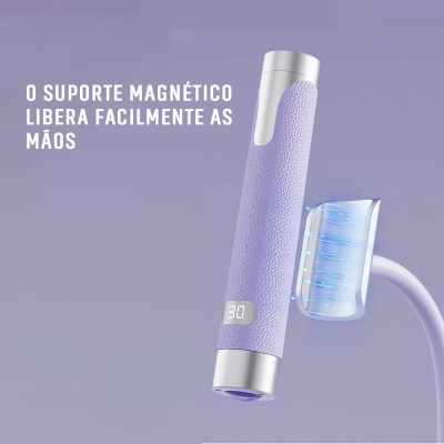 Aparelho lilás cilíndrico com textura, visor digital e suporte magnético azul