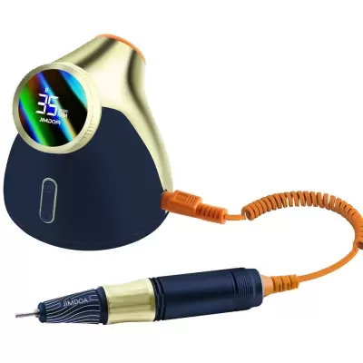 Aparelho elétrico para cuidados de unhas com base triangular azul e dourada e mostrador digital