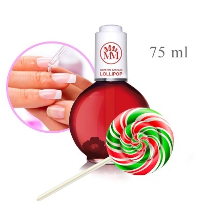 Frasco de óleo para cutículas Lollipop 75 ml com imagem de aplicação nas unhas e pirulito colorido