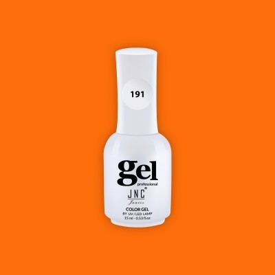Frasco branco de verniz gel para unhas com número 191 em fundo laranja