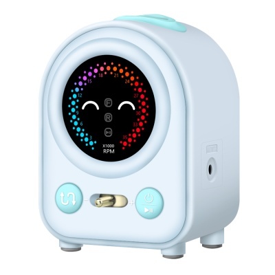 Dispositivo eletrônico branco com mostrador colorido e botões azuis claros