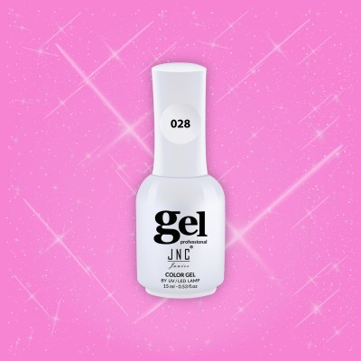 Frasco branco de verniz gel para unhas com texto preto e número 028