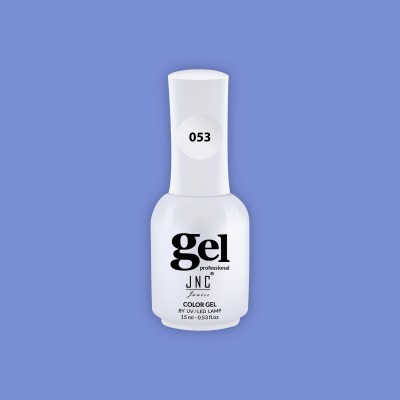 Frasco branco de verniz gel para unhas com texto preto e numero 053 sobre fundo azul