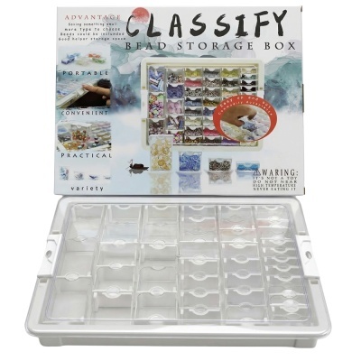 Caixa organizadora para contas com compartimentos transparentes e embalagem com texto.