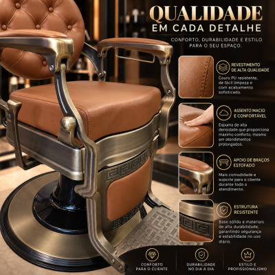 Cadeira de barbeiro castanha em couro PU com estrutura metálica resistente e detalhes elegantes.