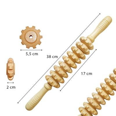 Maságio de madeira natural com discos em espiral e medidas indicadas.