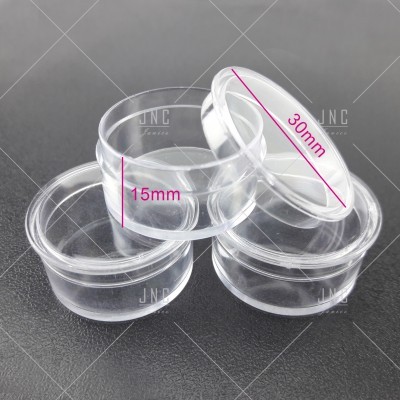 Potes de plástico transparentes com tampa, medindo 30mm de diâmetro e 15mm de altura