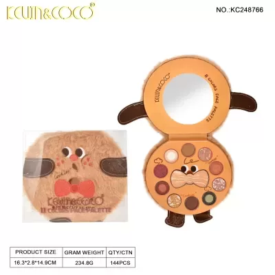 Paleta de maquilhagem KEUIN&COCO em embalagem castanha felpuda com 11 sombras coloridas e espelho