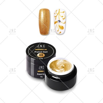 Gel de pintura JNC dourado com amostras de unhas decoradas