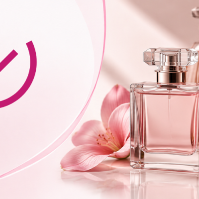 Frascos de perfume rosa em vidro com flores e símbolo roxo ao fundo