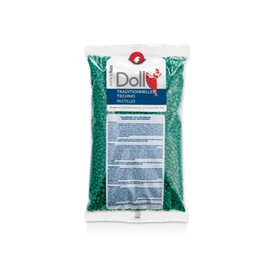 Pacote transparente de pastilhas verdes Doll com rótulo azul e branco