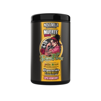 Frasco preto de máscara capilar profissional com rótulo amarelo e preto