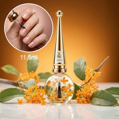 Frasco transparente de verniz de unhas com flores laranja dentro e tampa dourada longo, rodeado de flores.