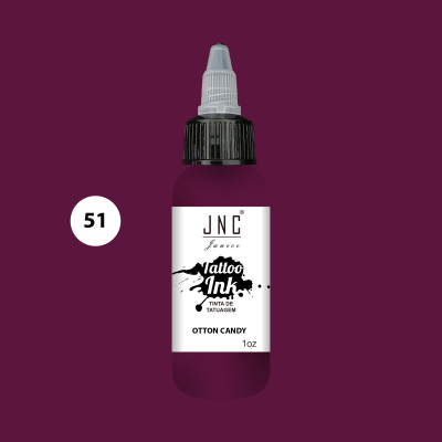 Frasco de tinta para tatuagem JNC Tattoo Ink Otton Candy 1oz, fundo roxo.