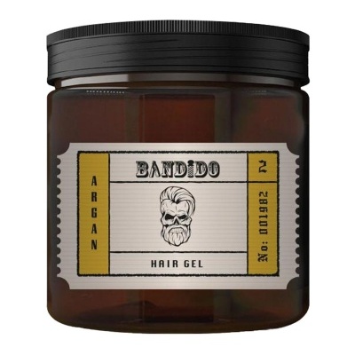 Frasco castanho escuro de gel para cabelo Bandido Argan com rótulo branco e amarelo e tampa preta