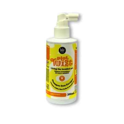 Frasco branco com dispensador rotulado com shampoo Plot Twist amarelo e laranja