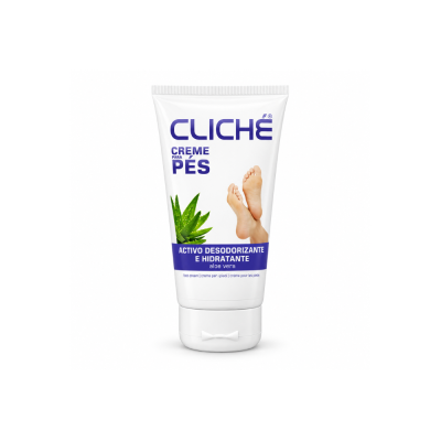 Tubo plástico branco de creme para pés Cliché com imagem de Aloe vera e pés, texto azul.