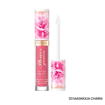 Gloss de lábios rosa com tampa decorada a flores, aplicador branco