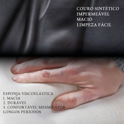 Texto descrevendo couro sintético e esponja viscoelástica com uma mão pressionando a esponja