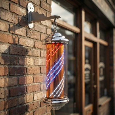 Barbeiro led colorido montado em parede de tijolos com porta e janelas ao fundo