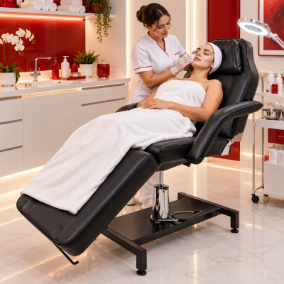 Cadeira preta de tratamento com mulher deitada e esteticista aplicando creme facial num spa moderno.