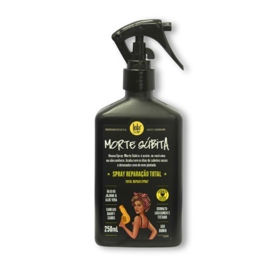 Frasco preto de spray para cabelo Morte Súbita da Lola com texto e ilustração retro