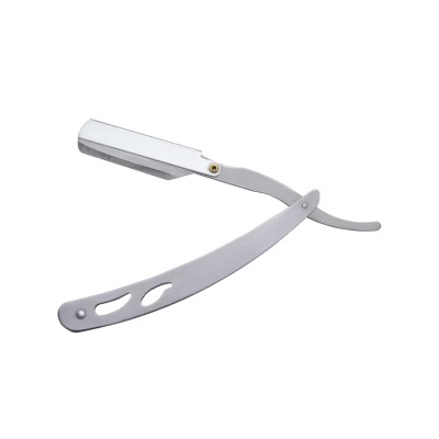 Navaja de barbear metálica prateada com cabo perfurado