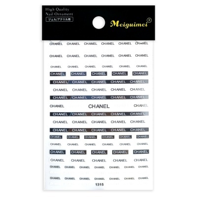 Ornamento para unhas Meiguimei com padrão de texto CHANEL em várias cores e tamanhos em embalagem transparente