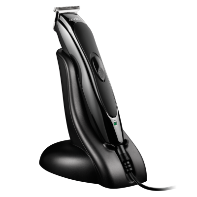 Máquina de cortar cabelo preta numa base de carregamento preta