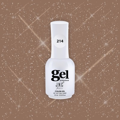 Frasco branco de verniz gel para unhas JNC Professional nº 214 sobre fundo castanho brilhante