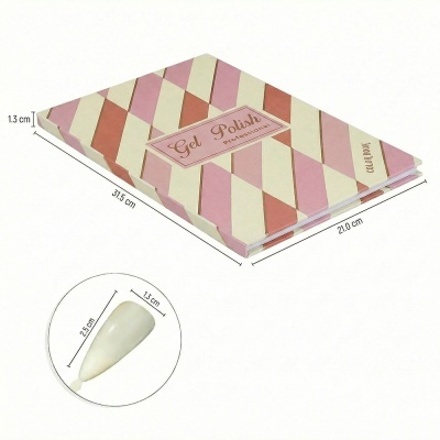 Livro colorido com design geométrico e unha de amostra branca com dimensões.