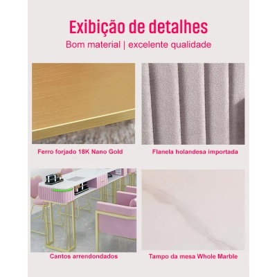 Detalhes de materiais e acabamentos de móveis com texto em português